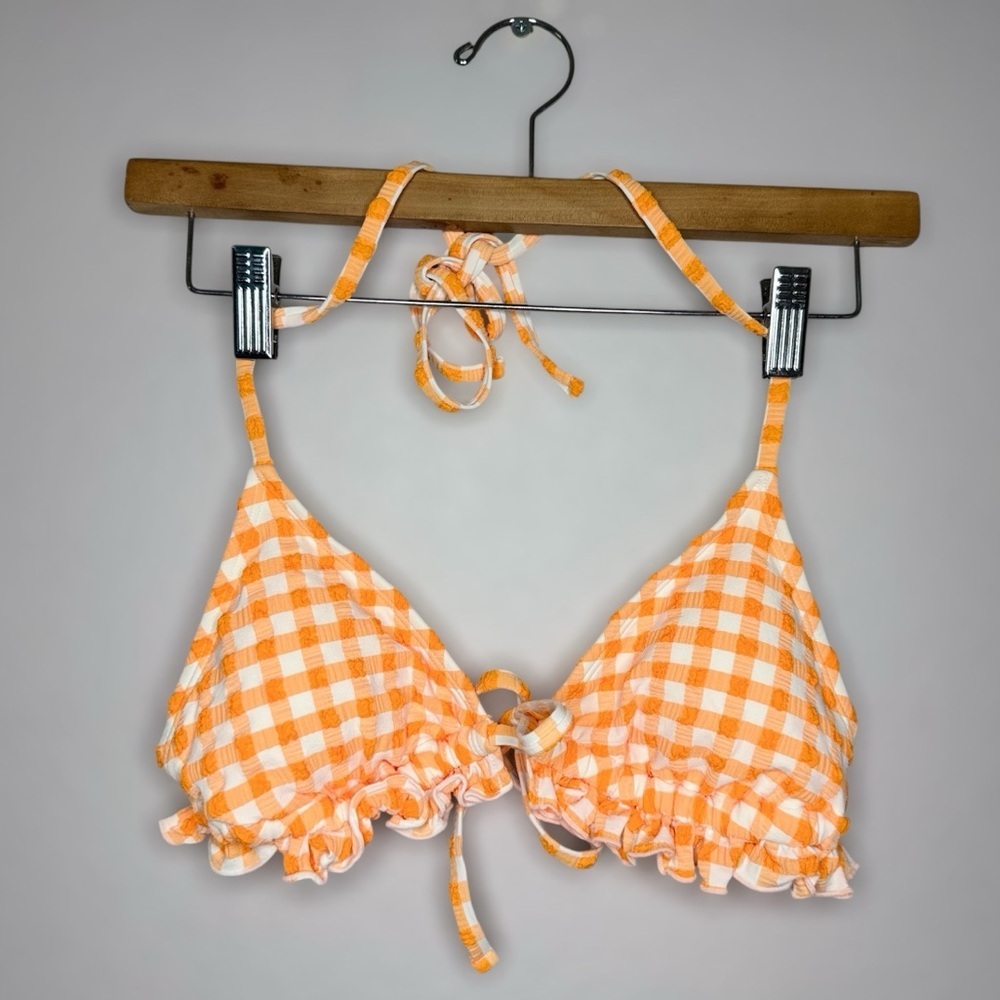 Wild Fable Orange Gingham Textured Ruffle Triangle Bikini Swim Top XS